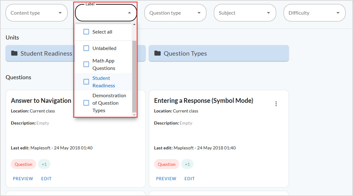 Filter by label The Label dropdown filter is opened in the Content Manager.